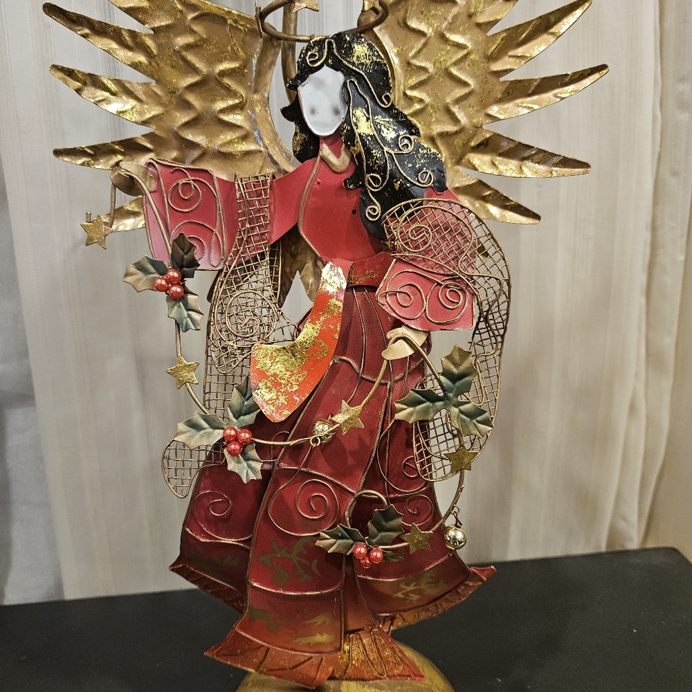 Vintage Metal Angel Candle Holder Christmas Red and Gold